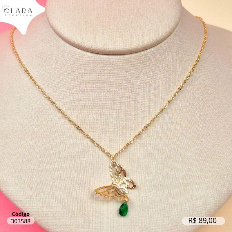 COLAR ELOS C/ PINGENTE BORBOLETA VAZADA  COM UMA ZIRCONIA GOTA 7MM PENDURADA - 45CM - Dourado