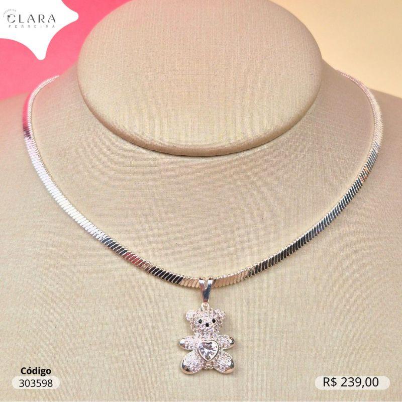 COLAR FITA C/ PINGENTE URSINHO MICROZIRCONIAS E ZIRCONIA CORAÇÃO 5MM NO MEIO - 7MM - 45CM - Banho de Prata