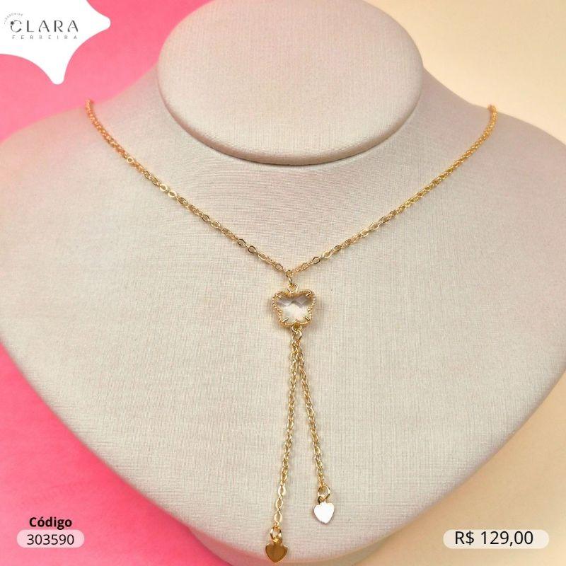 COLAR GRAVATINHA ELOS C/ PINGENTE BORBOLETA CRISTAL FIXA  - 10MM - 45CM - Dourado