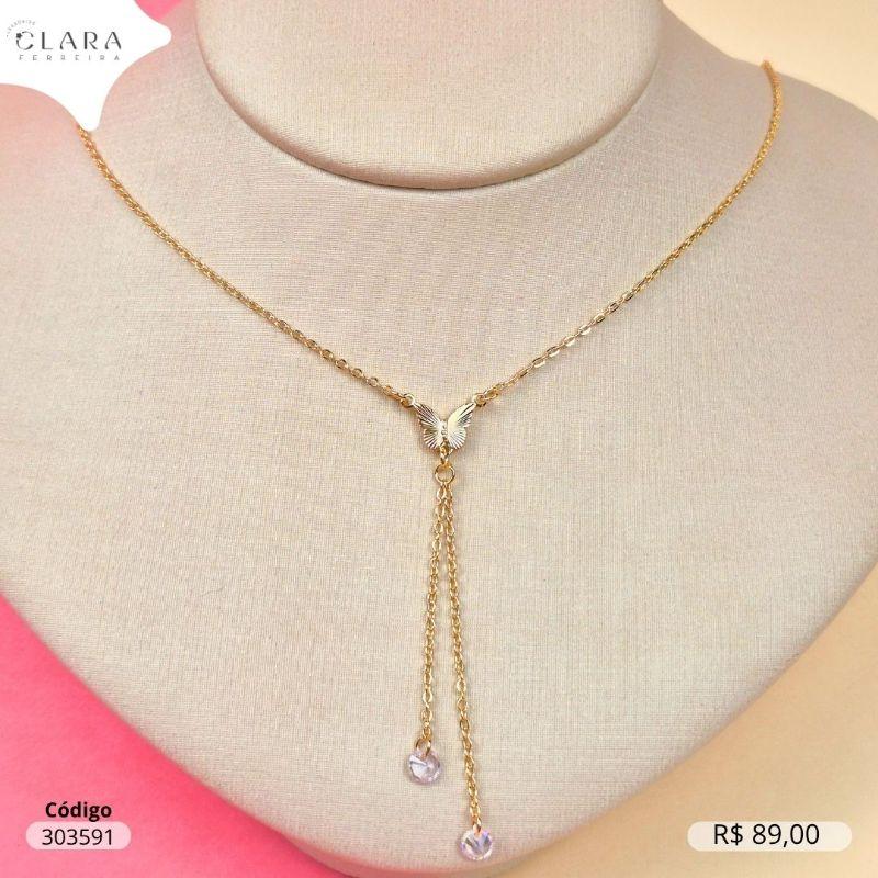 COLAR GRAVATINHA ELOS C/ PINGENTE BORBOLETA FIXA E 2 ZIRCONIAS REDONDAS 5MM NAS PONTAS  - 45CM - Dourado