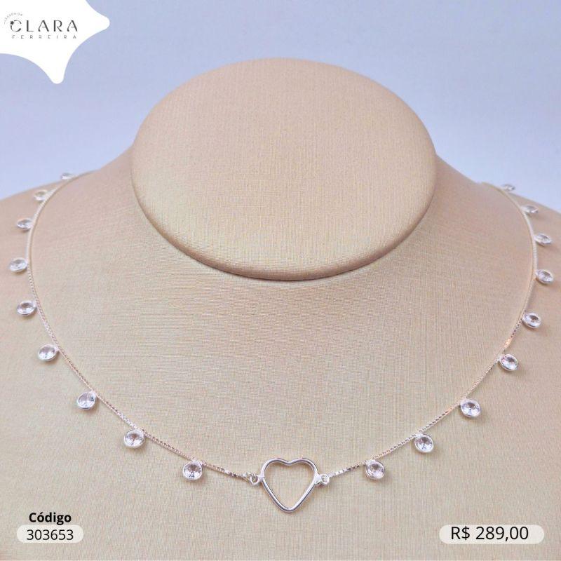 COLAR PRATA 925 VENEZIANA C/ 18 TIFFANYS REDONDAS 4MM CRISTAIS PENDURADAS E 1 CORAÇÃO LISO VAZADO FIXO - 45CM