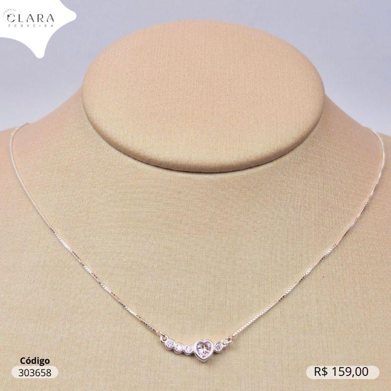 COLAR PRATA 925 VENEZIANA C/ PINGENTE FIO COM  ZIRCÔNIA CORAÇÃO E 4 ZIRCÔNIAS REDONDAS - 6MM - 45CM