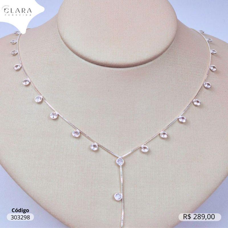 COLAR PRATA 925 VENEZIANA GRAVATINHA C/ TIFFANY DE 19 ZIRCONIAS 4MM - 45+9CM