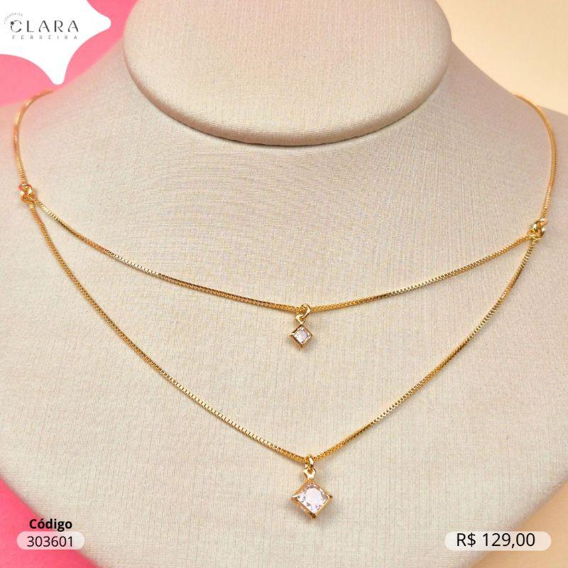 COLAR VENEZIANA C/ MEIO DUPLO 2 FIOS VENEZIANA COM 2 TIFFANYS QUADRADAS PENDURADAS - 4 E 6MM - 45CM - Dourado