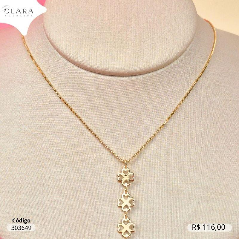 COLAR VENEZIANA C/ PINGENTE 3 TREVOS DE 4 FOLHAS LISOS VAZADOS E 1 TIFFANY ZIRCONIA GOTA 6MM NA PONTA PENDURADA  - 45CM - Dourado