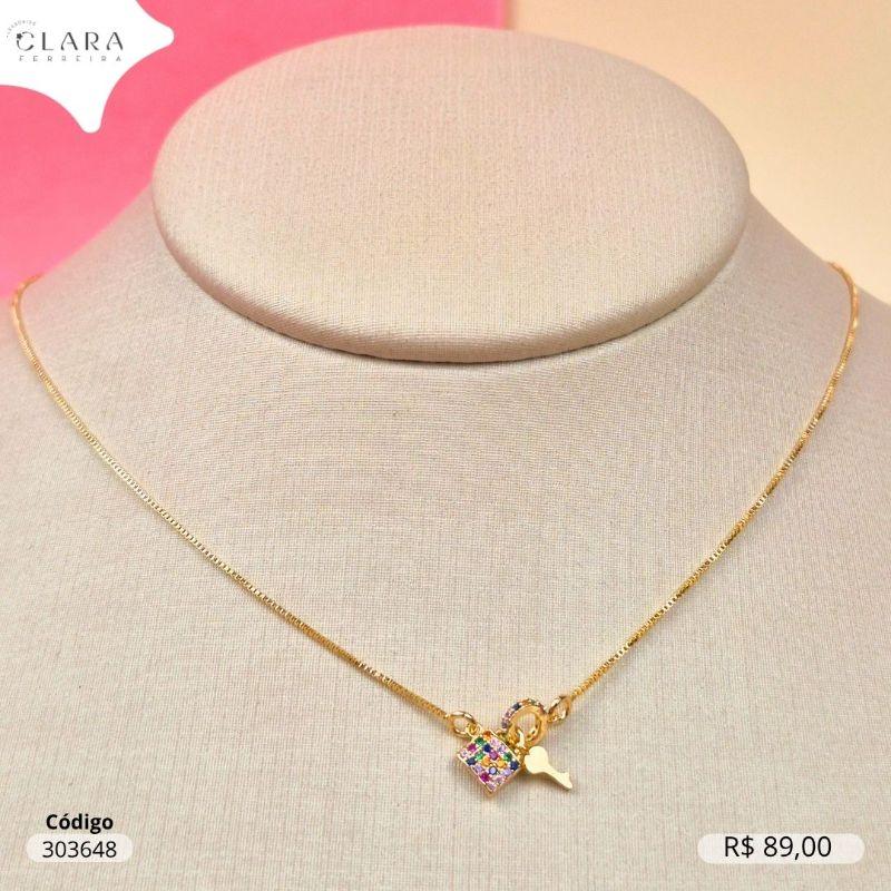 COLAR VENEZIANA C/ PINGENTE CADEADO MICROZIRCONIAS E CHAVE LISA PENDURADOS - 45CM - Dourado
