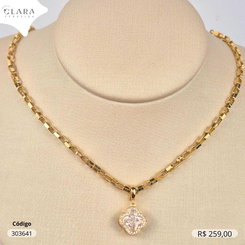 COLAR VENEZIANA GROSSA ELOS CADEADO FIO 3,5MM C/ PINGENTE TREVO VAN CLEEF ALHAMBRA COM MEIO ZIRCONIA CRISTAL ADORNADA MICROZIRCONIAS CAIXA FUNDIDA - Dourado