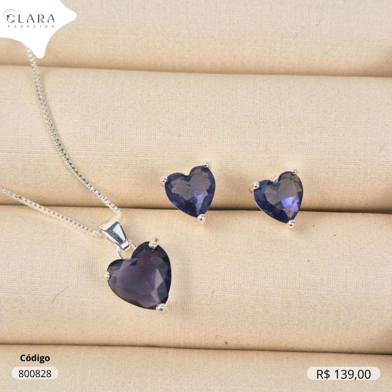 CONJUNTO COLAR VENEZIANA C/ PINGENTE E BRINCO ZIRCONIA CORAÇÃO COLORIDO - CAIXA COROA 3 GARRAS  - 7 E 9MM - Banho de Prata