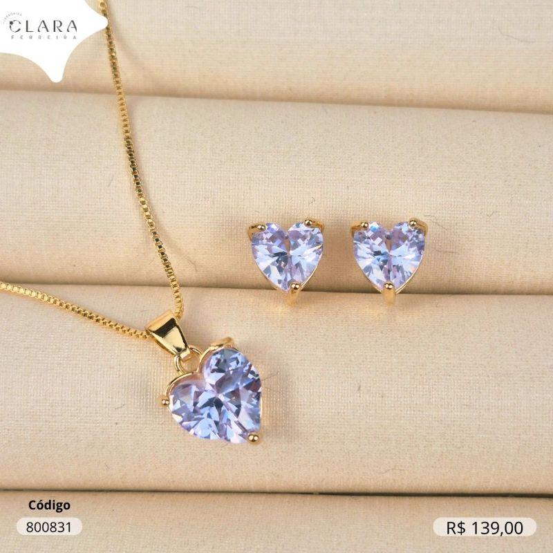 CONJUNTO COLAR VENEZIANA C/ PINGENTE E BRINCO ZIRCONIA CORAÇÃO CRISTAL - CAIXA COROA 3 GARRAS  - 7 E 9MM - Dourado
