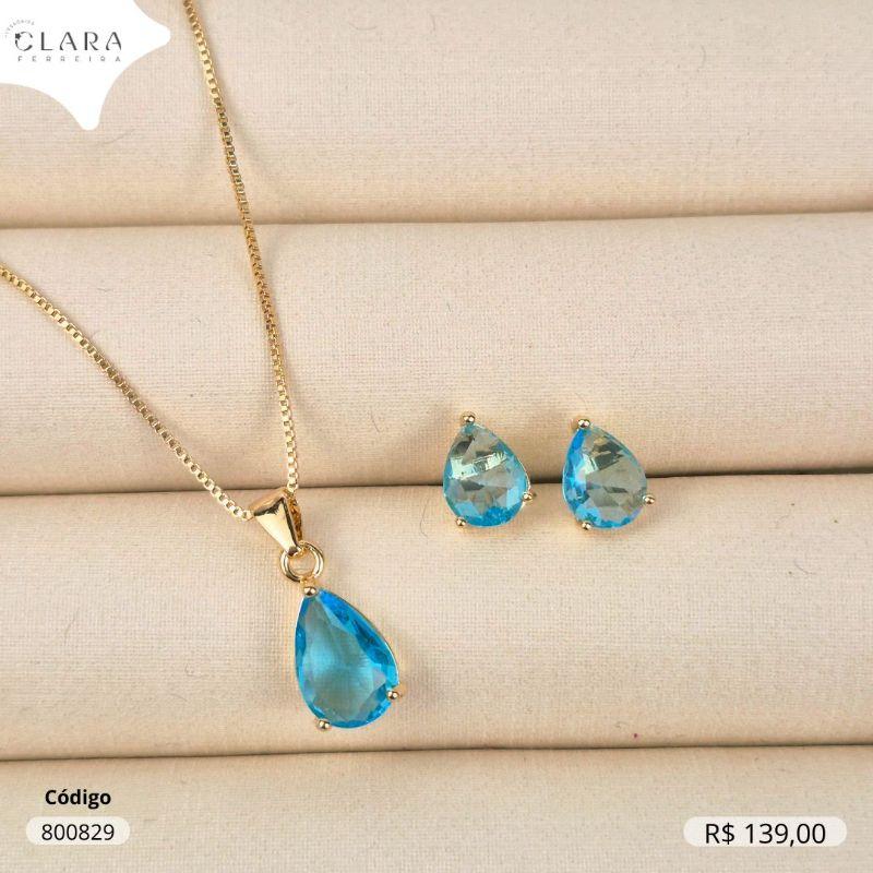 CONJUNTO COLAR VENEZIANA C/ PINGENTE E BRINCO ZIRCONIA GOTA COLORIDA - CAIXA COROA 3 GARRAS  - 8 E 12MM - Dourado