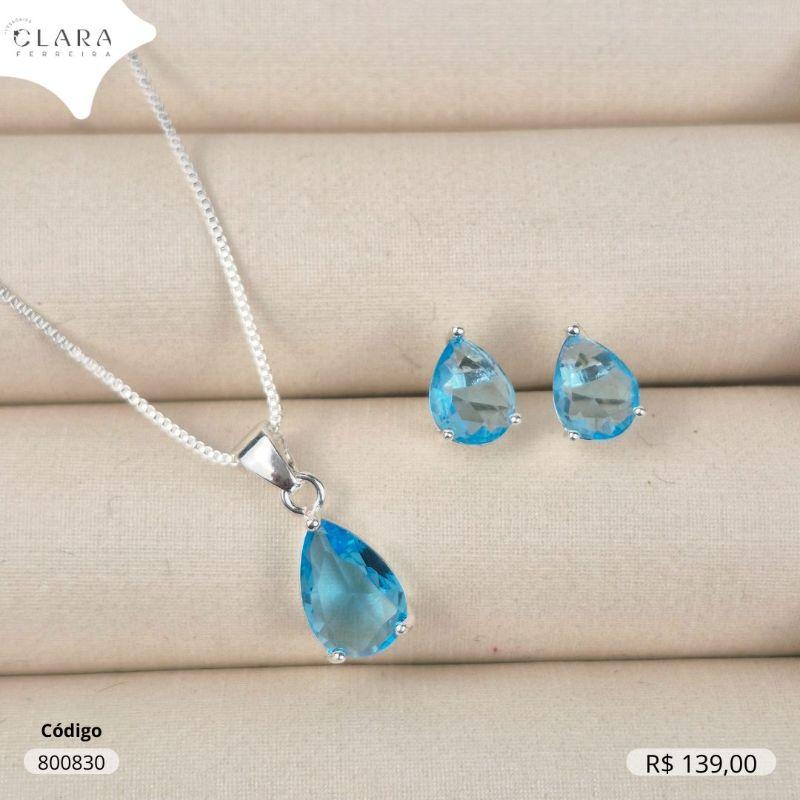 CONJUNTO COLAR VENEZIANA C/ PINGENTE E BRINCO ZIRCONIA GOTA COLORIDA - CAIXA COROA 3 GARRAS  - 9 E 12MM - Banho de Prata