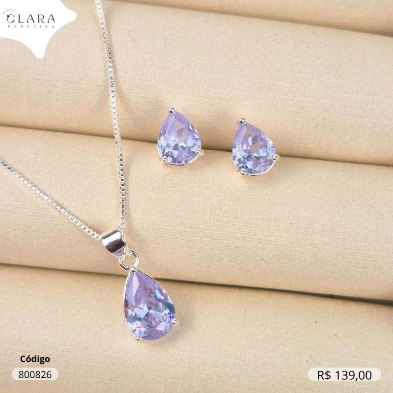 CONJUNTO COLAR VENEZIANA C/ PINGENTE E BRINCO ZIRCONIA GOTA CRISTAL - CAIXA COROA 3 GARRAS  - 8 E 12MM - Banho de Prata