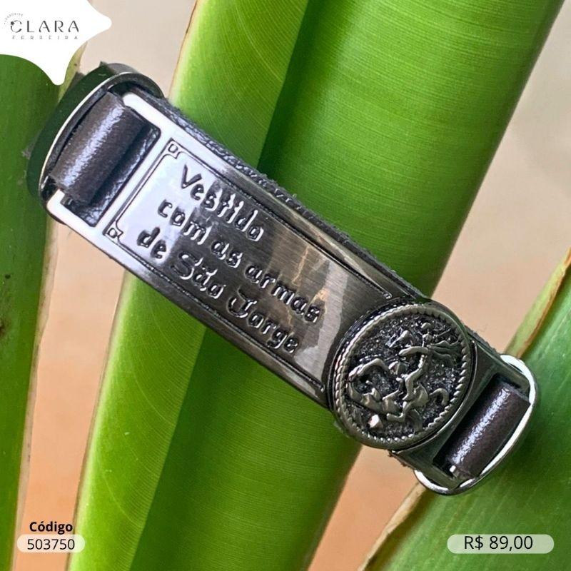 PULSEIRA BRACELETE COURO MARROM PLACA LISA INOX C / SÃO JORGE  E MANUSCRITO VESTIDO COM AS ARMAS DE SÃO JORGE FECHO GAVETA - 21CM