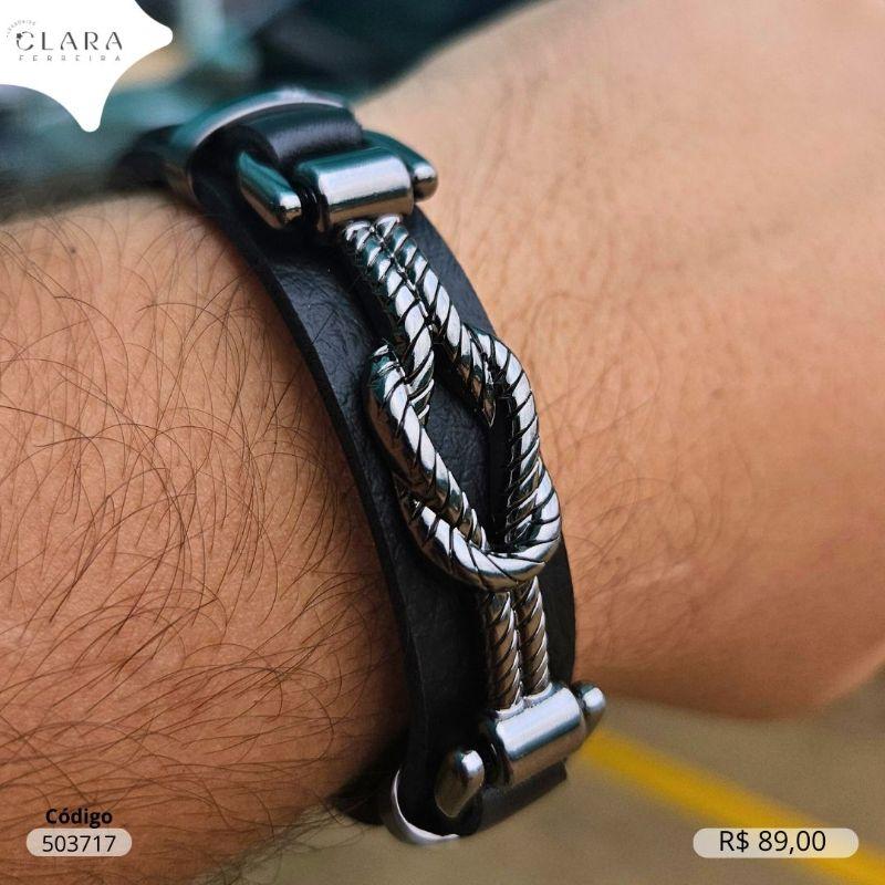 PULSEIRA BRACELETE COURO PRETO NOZINHO C/ DETALHES EM AÇO INOX FECHO GAVETA - 21CM