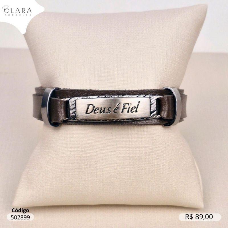 PULSEIRA BRACELETE COUROMARROM PLACA LISA INOX DEUS E FIEL C/ DETALHES EM AÇO INOX FECHO GAVETA