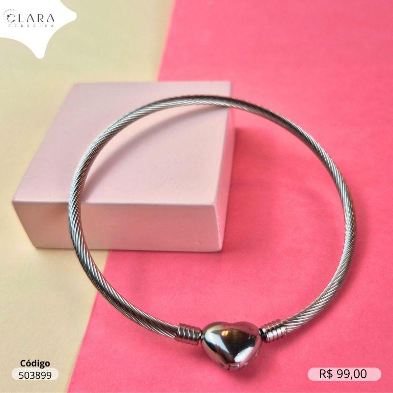 PULSEIRA BRACELETE RÍGIDO PARA BERLOQUES C/ FECHO CORAÇÃO LISO - 10MM - Aço
