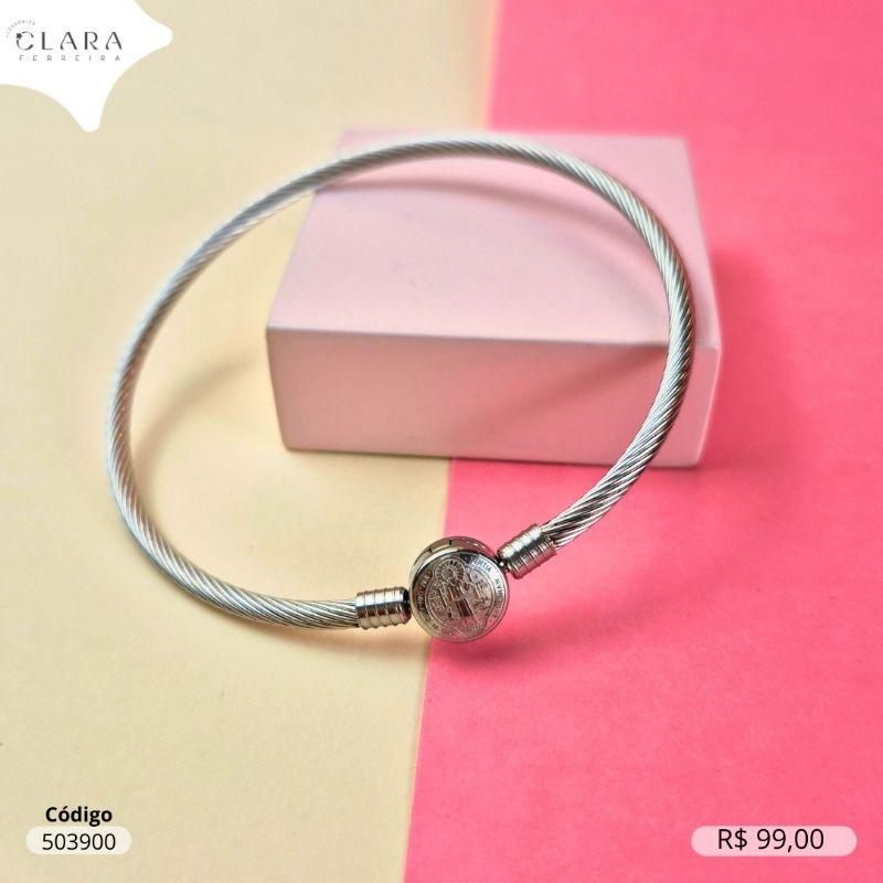 PULSEIRA BRACELETE RÍGIDO PARA BERLOQUES C/ FECHO MEDALHA SÃO BENTO - 10MM - Aço