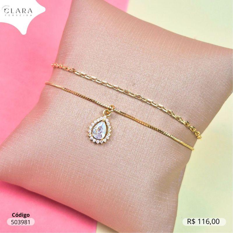 PULSEIRA DUPLA 1 FIO ELOS E 1 FIO VENEZIANA C/ PINGENTE ZIRCONIA GOTA 5MM ADORNADA MICROZIRCONIAS PENDURADO  - 17MM - Dourado