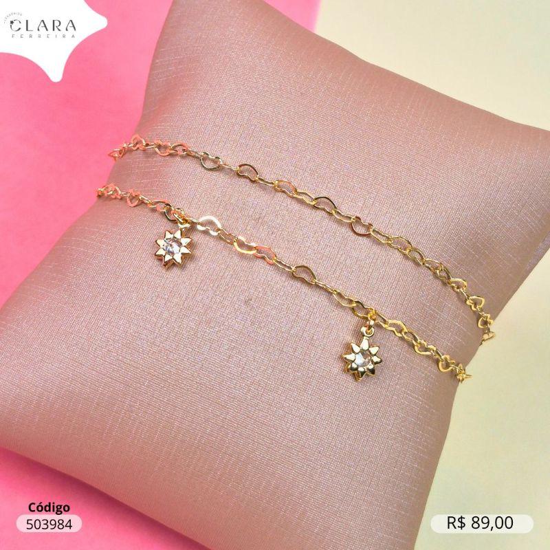 PULSEIRA DUPLA 2 FIOS CORAÇÕES ENTRELAÇADOS 2MM C/ 3 FLORES MIOLO ZIRCONIA REDONDA PEMDURADAS - 17MM - Dourado