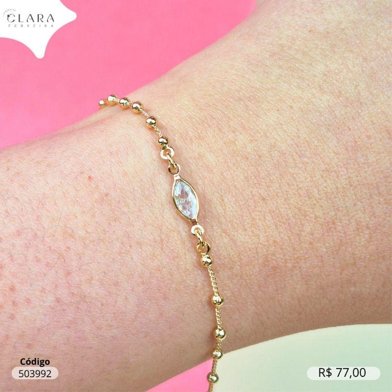 PULSEIRA ELOS C/ BOLINHAS E 1 TIFFANY NAVETE 8MM FIXA NO MEIO - 17CM - Dourado
