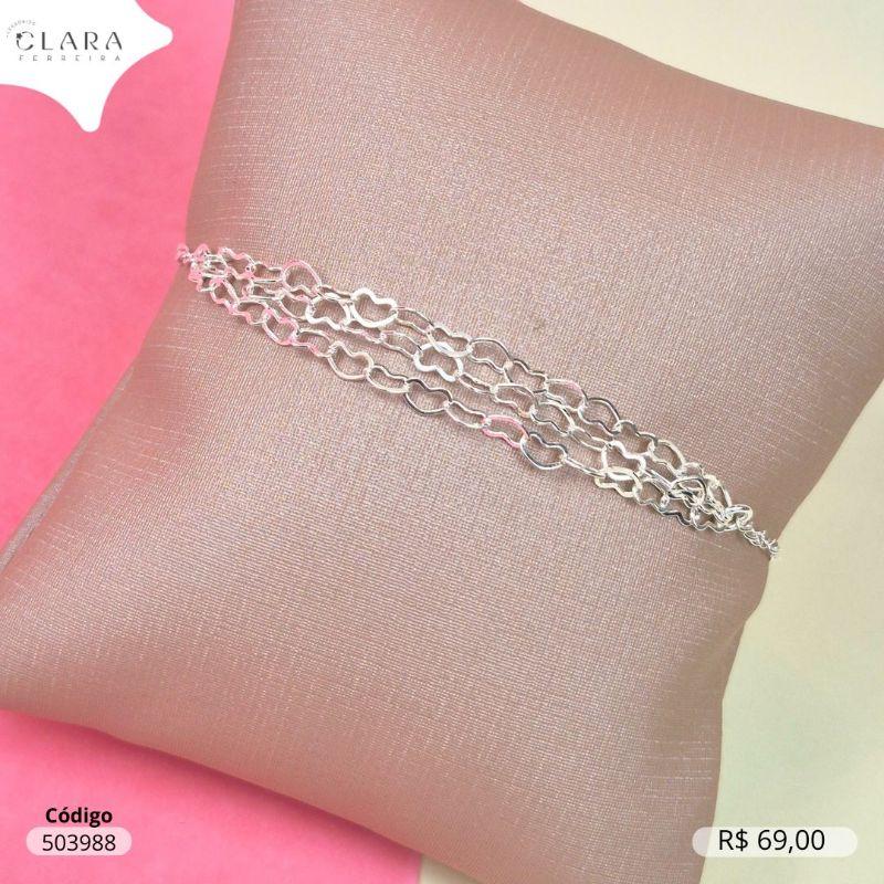 PULSEIRA ELOS C/ MEIO 3 FIOS ELOS CORAÇÕES ENTRELAÇADOS 2MM - 17CM - Banho de Prata