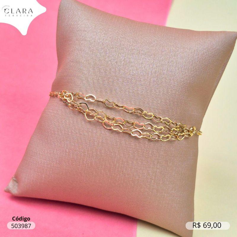 PULSEIRA ELOS C/ MEIO 3 FIOS ELOS CORAÇÕES ENTRELAÇADOS 2MM - 17CM - Dourado