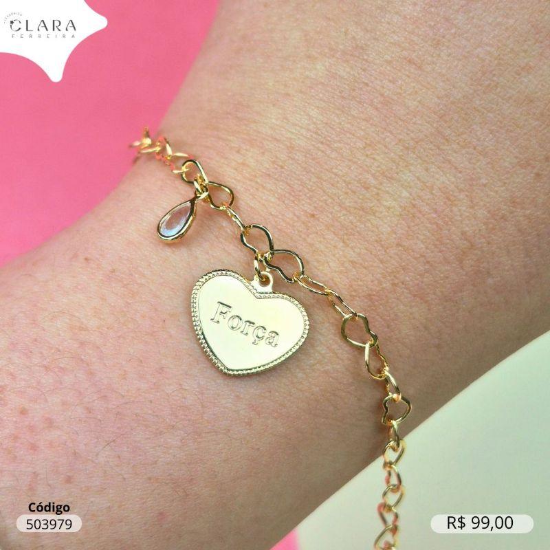 PULSEIRA ELOS CORAÇÕES ENTRELAÇADOS 4MM C/ PINGENTE CORAÇÃO 13MM MANUSCRITO FORÇA  E 1 TIFFANY 6MM PENDURADA  - 17MM - Dourado