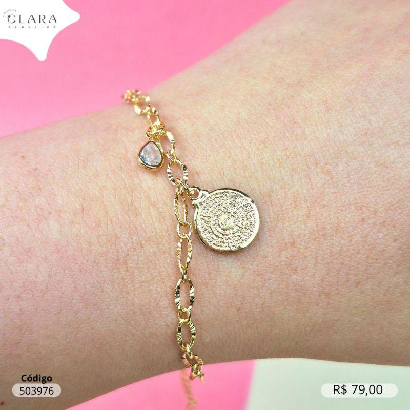 PULSEIRA ELOS JATEADOS 4MM C/ MEDALHA REDONDA PAI NOSSO 11MM E 1 TIFFANY GOTA 6MM PENDURADAS - 17MM - Dourado