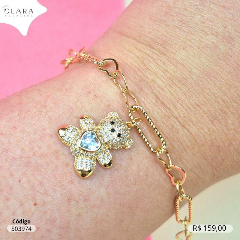 PULSEIRA ELOS LONGOS JATEADOS INTERCALADOS C/ ELOS 3 CORAÇÕES ENTRELAÇADOS E PINGENTE URSINHO MICROZIRCONIAS E ZIRCONIA CORAÇÃO 5MM NO MEIO - 20MM - 17CM - Dourado