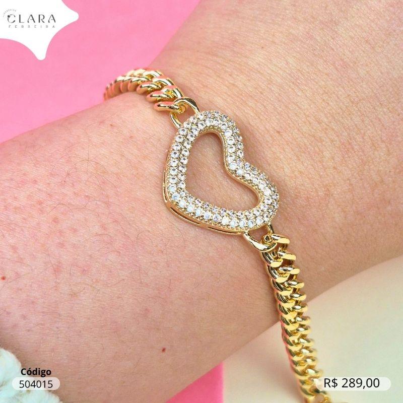 PULSEIRA GRUMET 1X1 C/ PINGENTE CORAÇÃO 2 FILEIRAS MICROZIRCONIAS 24MM VAZADO FIXO - EDIÇÃO LIMITADA- 17MM - Dourado