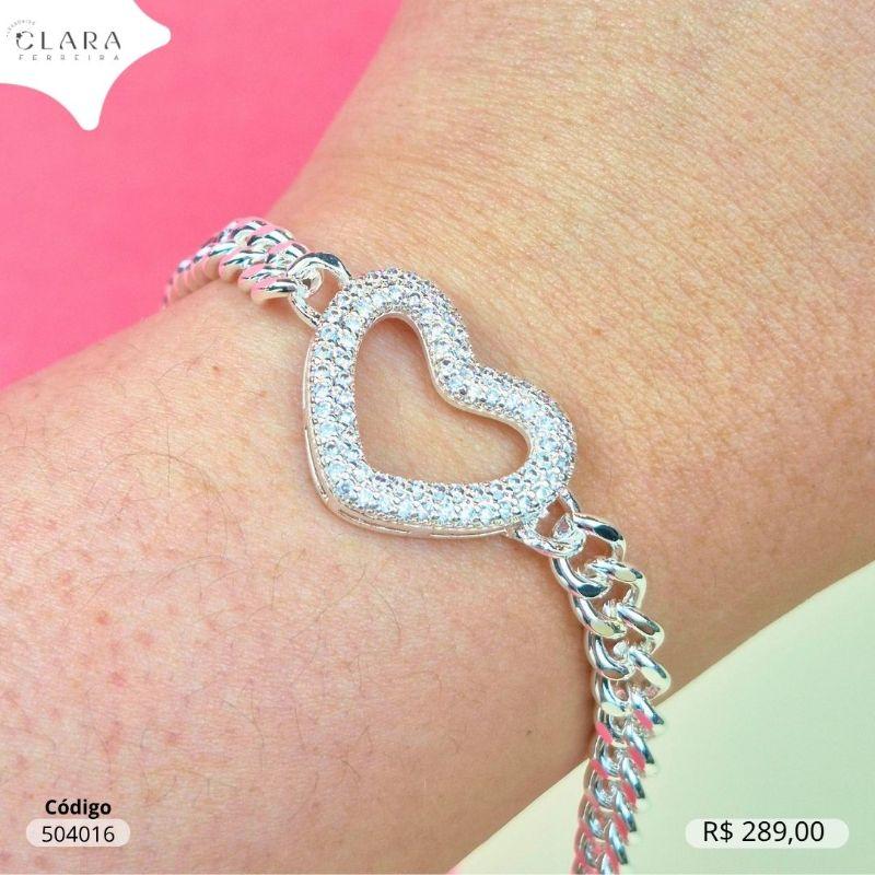 PULSEIRA GRUMET 1X1 C/ PINGENTE CORAÇÃO 2 FILEIRAS MICROZIRCONIAS 24MM VAZADO FIXO - 6MM - 17CM - Banho de Prata