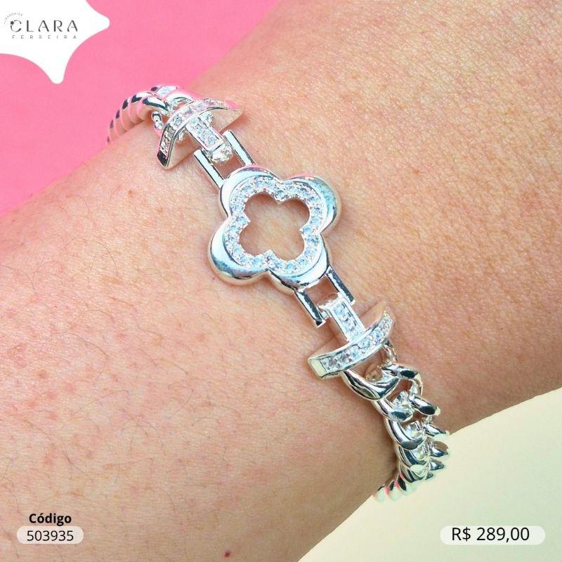 PULSEIRA GRUMET 1X1 C/ PINGENTE TREVO VAN CLEEF ALHAMBRA C/ 1 FILEIRA MICROZIRCONIAS 17MM VAZADO FIXO - 7MM - 17CM - Banho de Prata