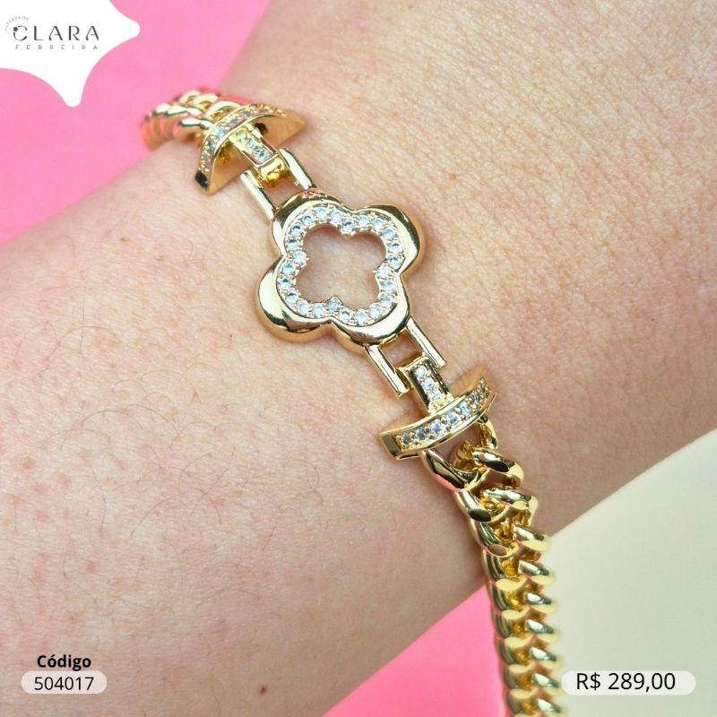 PULSEIRA GRUMET 1X1 C/ PINGENTE TREVO VAN CLEEF ALHAMBRA C/ 1 FILEIRA MICROZIRCONIAS 17MM VAZADO FIXO - 7MM - 17CM - Dourado