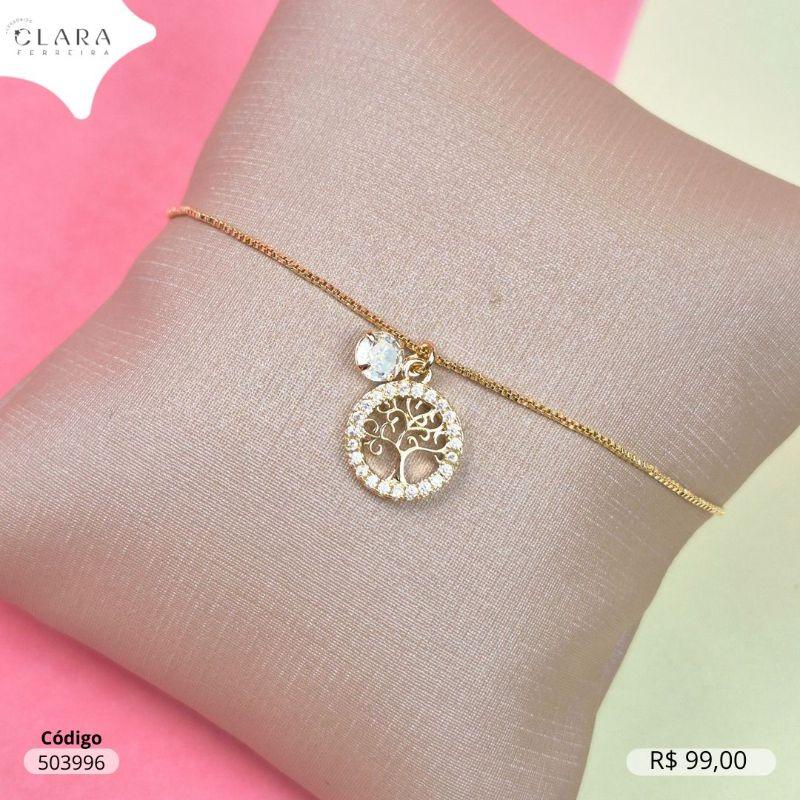 PULSEIRA VENEZIANA C/ MANDALA VAZADA ARVORE DA VIDA ADORNADA MICROZIRCONIAS 12MM E ZIRCONIA REDONDA 5MM PENDURADAS - 17CM - Dourado