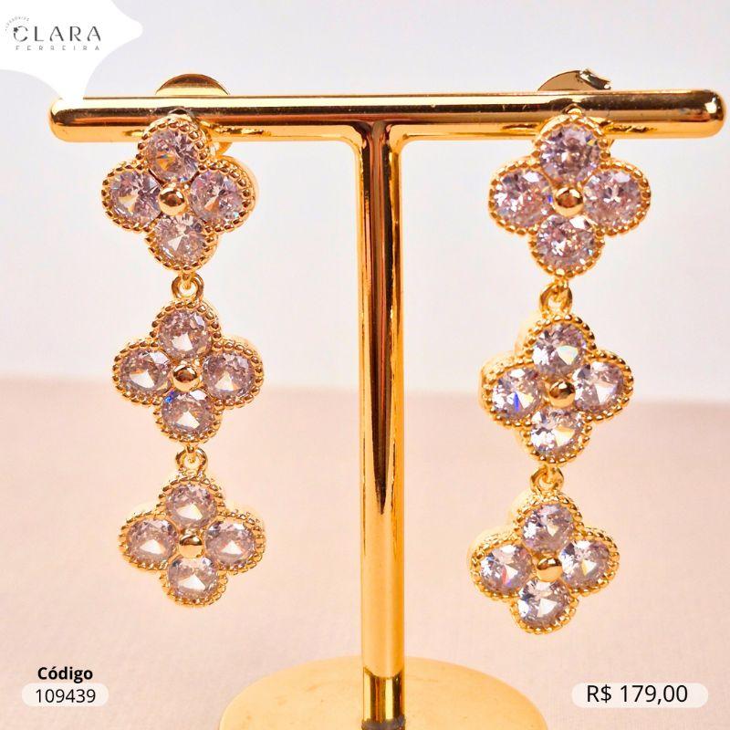 BRINCO FRANJA 3 TREVOS VAN CLEEF ALHAMBRA PETALAS ZIRCONIA REDONDAS 14MM - EDIÇÃO LIMITADA  - Dourado