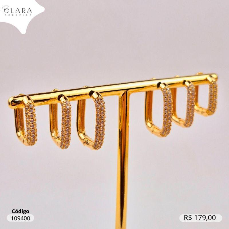 BRINCO KIT TRIO ARGOLINHA CLICK QUADRADA 3 FILEIRAS MICROZIRCONIAS - 16,18 E 20X3MM - Dourado