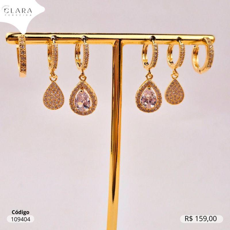 BRINCO KIT TRIO ARGOLINHAS CLICK 1 FILEIRA MICROZIRCONIAS MISTAS:  ZIRCONIA GOTA  7MM ADORNADA MICROZIRCONIAS,  CHUVEIRINHO GOTA 10MM PENDURADA E 1 ARGOLINHA CLICK 1 FILEIRA MICROZIRCONIAS - 11X2MM - Dourado