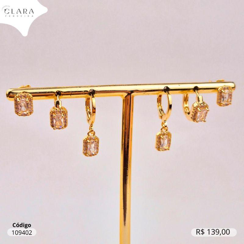 BRINCO KIT TRIO ARGOLINHAS MISTAS: TRANQUETA C/ ZIRCONIA RETANGULAR 4MM ADORNADA MICROZIRCONIAS, CLICK ZIRCONIA RETANGULAR 4MM ADORNADA MICROZIRCONIAS E SOLITARIO ZIRCONIA RETANGULAR 4MM ADORNADA MICROZIRCONIAS  - Dourado