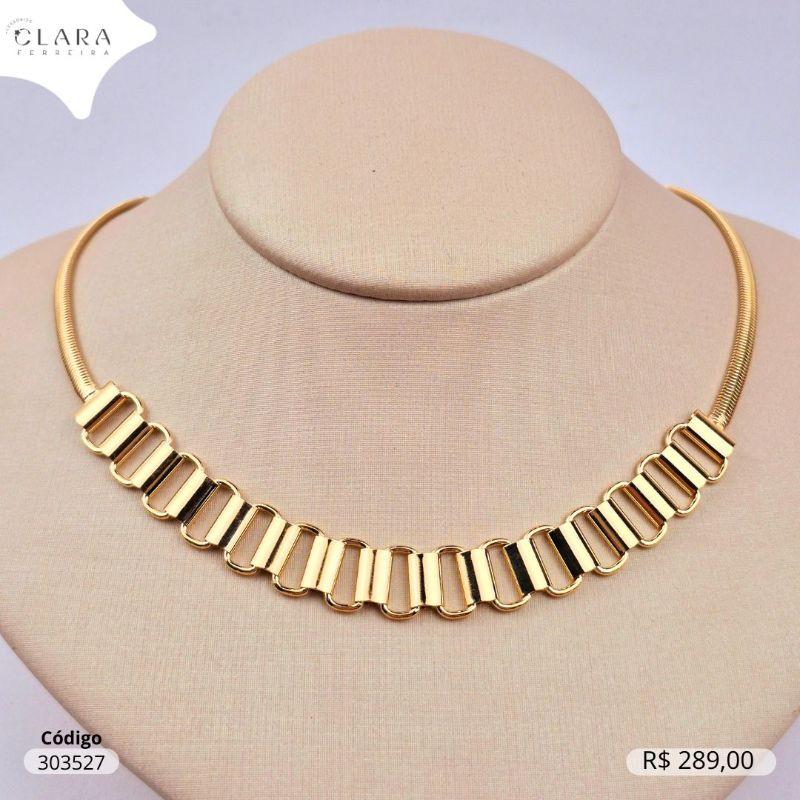 COLAR CHOKER 2 MALHAS, LATERAIS MALHA COBRA C/ MEIO MALHA TIJOLINHO TUBOS ESPAÇADOS ESTILO RELOGIO - 40+5CM - Dourado