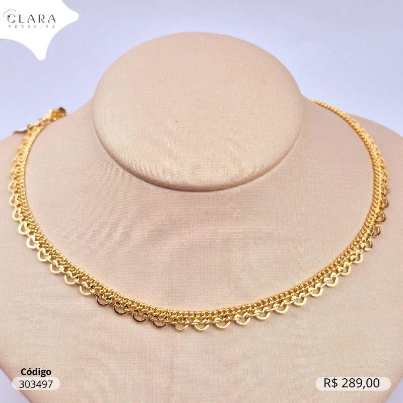 COLAR CHOKER DUPLA 2, FIOS 1 FIO ELOS GRUMET 1X1 E 1 FIO ELOS CORAÇÕES ENTRE BARRINHAS - 40+5CM - Dourado