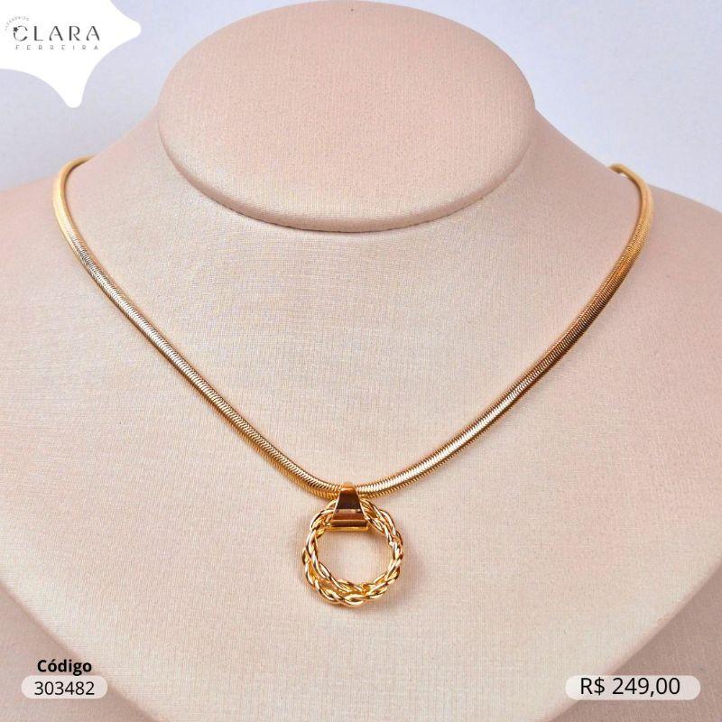 COLAR CHOKER MALHA COBRA C/ PINGENTE 2 CIRCULOS VAZADO TORCIDOS - LINHA ORGÂNICOS - 40+5CM - Dourado