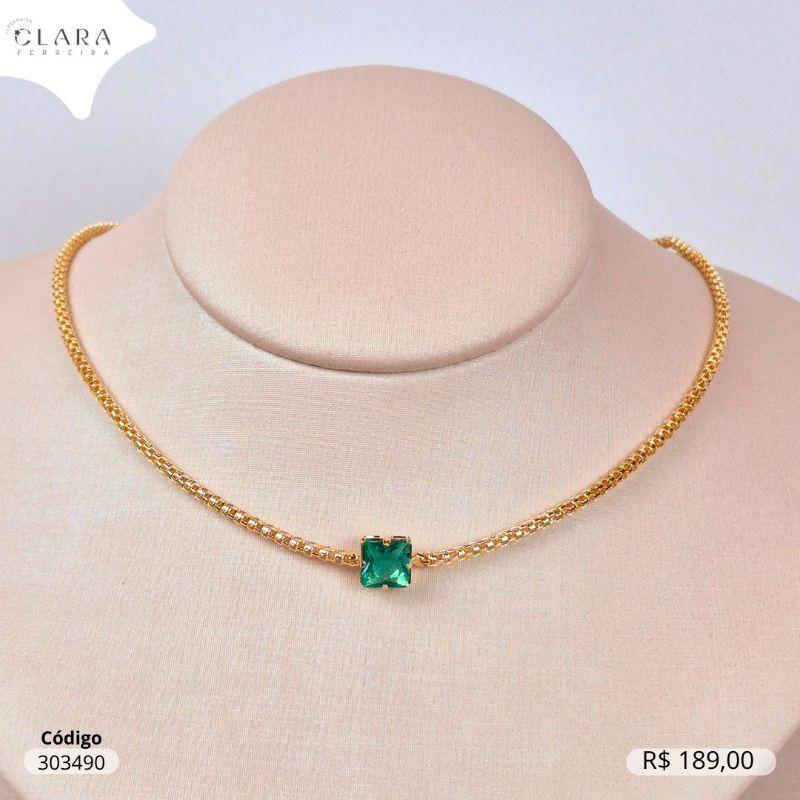 COLAR CHOKER MALHA PIPOCA TUBO C/ 1 ZIRCONIA QUADRADA 9MM CAIXA COROA 4 GARRAS FIXA NO MEIO - 40CM - Dourado
