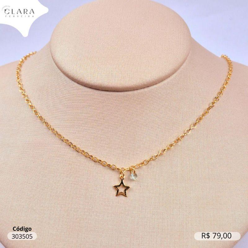 COLAR ELOS CADEADOS C/ PINTENTE ESTRELA 9MM LISA VASADA E 1 ZIRCONIA REDONDA 4MM PENDURADOS - 45CM - Dourado