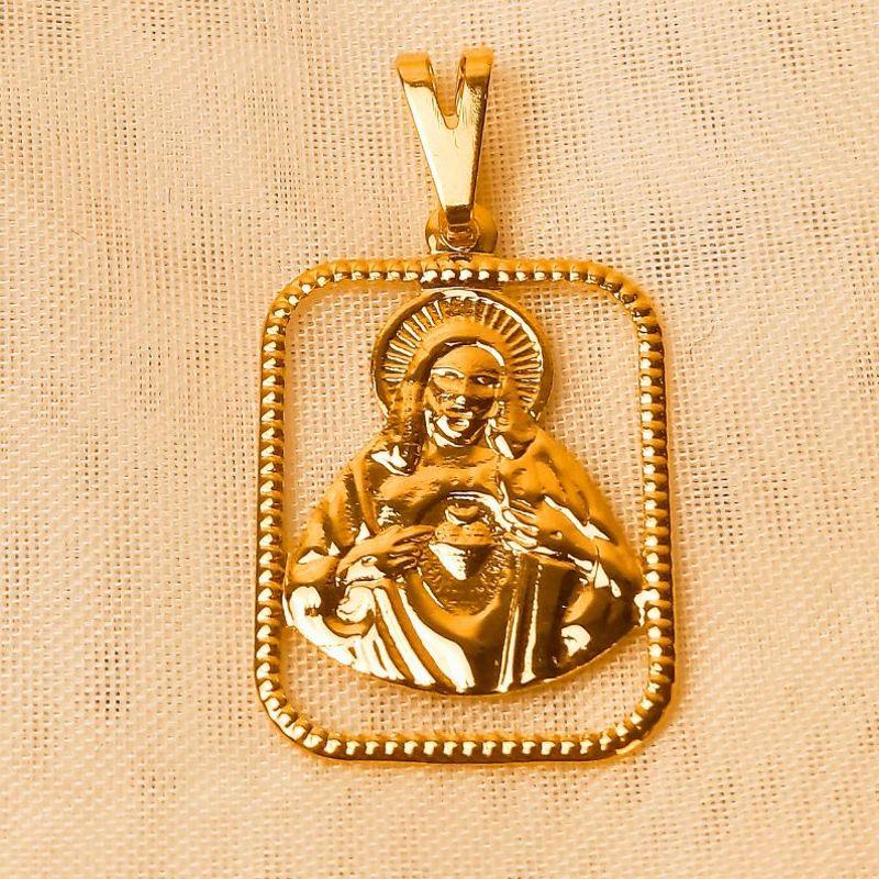 PINGENTE MEDALHA QUADRADA VAZADA SAGRADO DE JESUS 22MM  - Dourado
