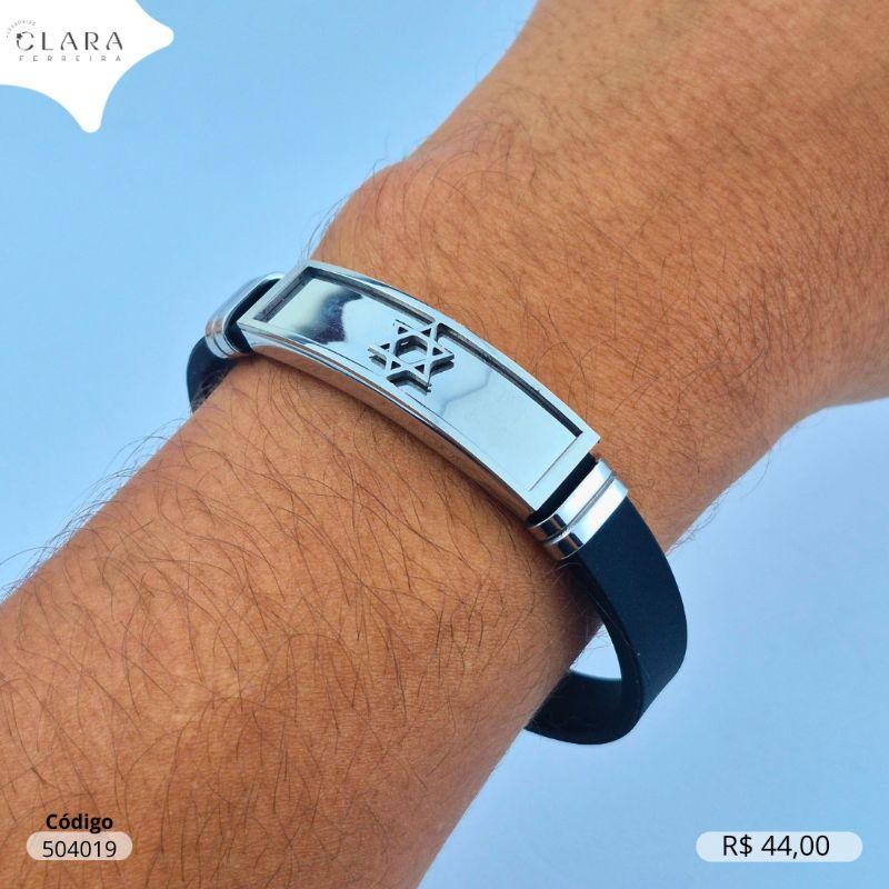 PULSEIRA BRACELETE SILICONE E PLACA DE AÇO C/ ESTRELA DE DAVI - Aço