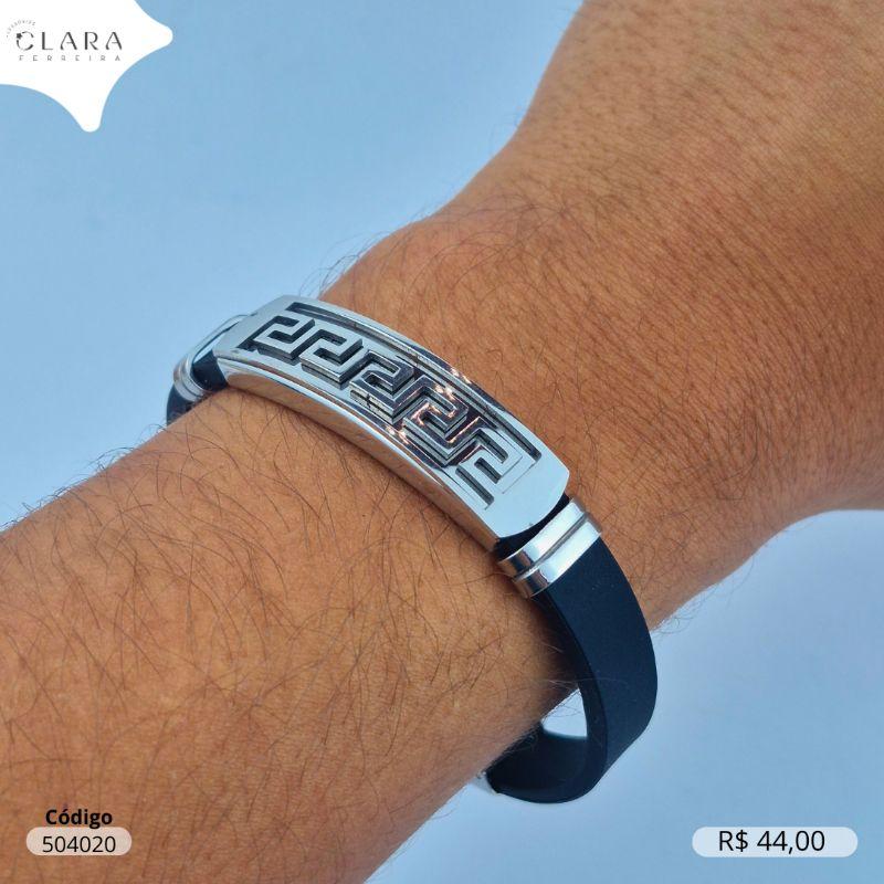 PULSEIRA BRACELETE SILICONE E PLACA DE AÇO C/ TRIBAL GEOMÉTRICO - Aço