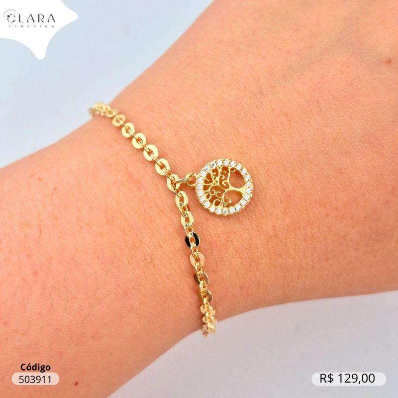 PULSEIRA ELOS CADEADO MARTELADO C/ PINGENTE MEDALHA ARVORE DA VIDA MICROZIRCONIAS VAZADA PENDUTADA - 12MM - 17CM - Dourado