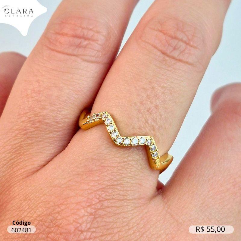 ANEL ONDULADO ZIG ZAG MICROZIRCONIAS - Dourado