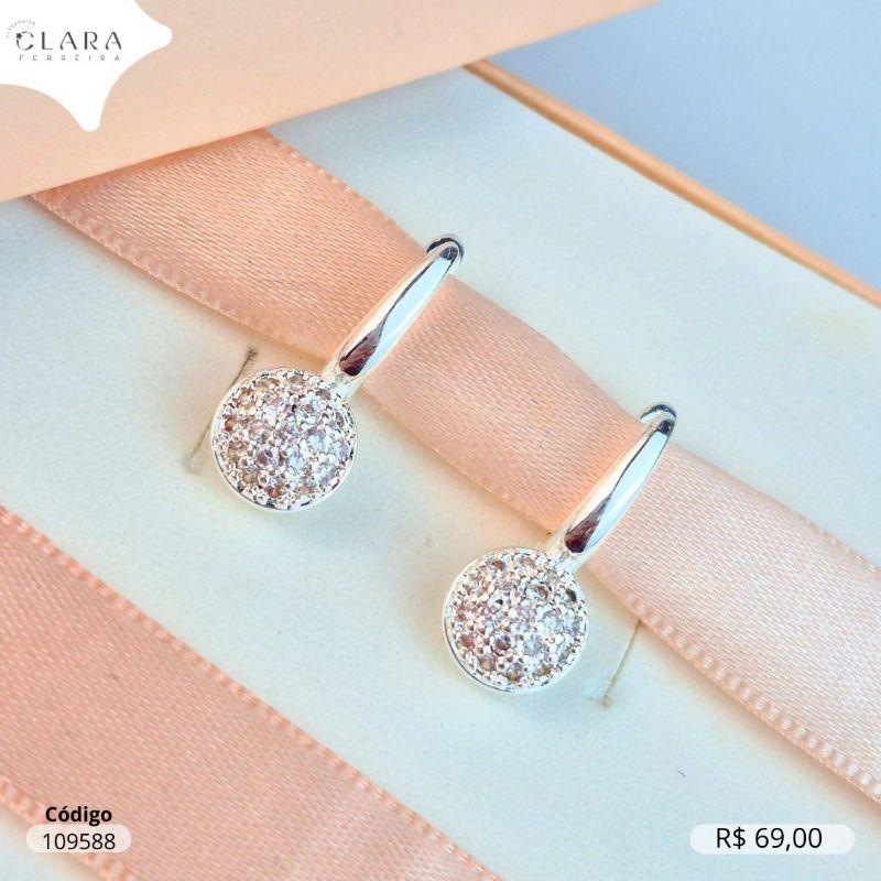 BRINCO ARGOLINHA CLICK GOTA LISA C/ CHUVEIRINHO REDONDO MICROZIRCONIAS 9MM FIXO - 13X2MM - Banho de Prata