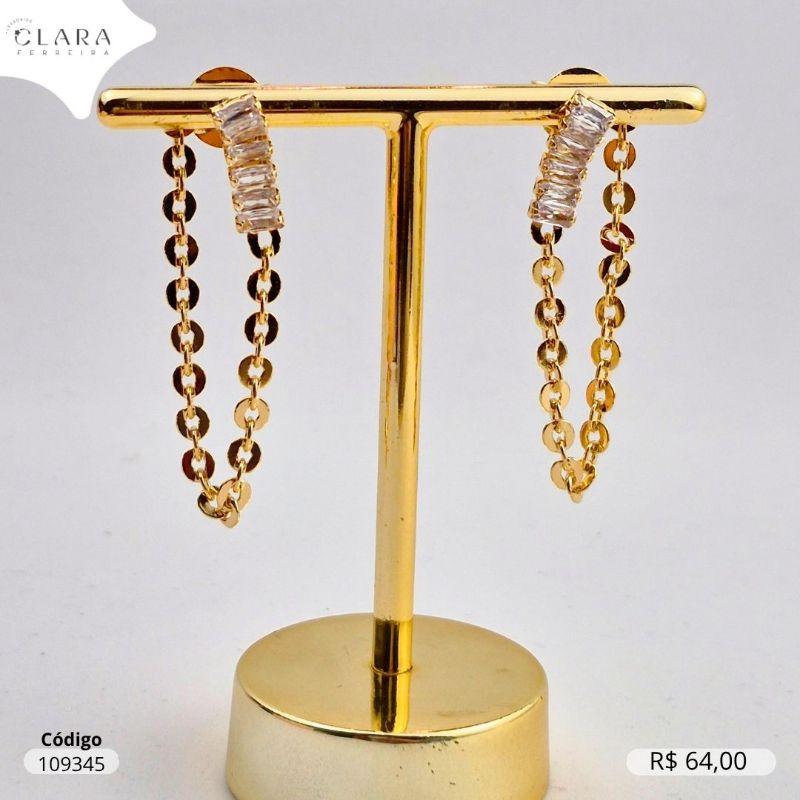 BRINCO EAR JACKET BASE RIVIERA ZIRCONIA BAGUETE E CORRENTE C/ ELOS CADEADO  - Dourado - EDIÇÃO LIMITADA